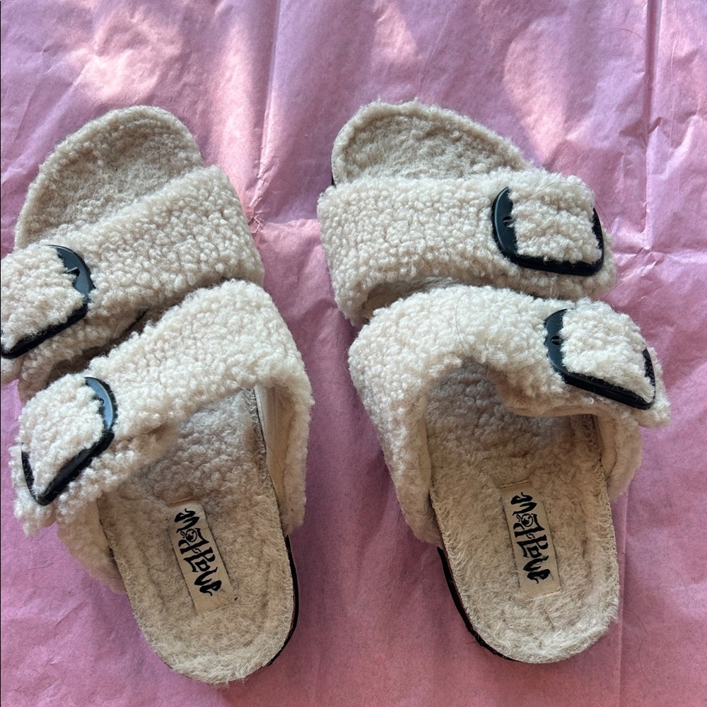 Faux-Shearling Double-Buckle Slide Sandals - Cream